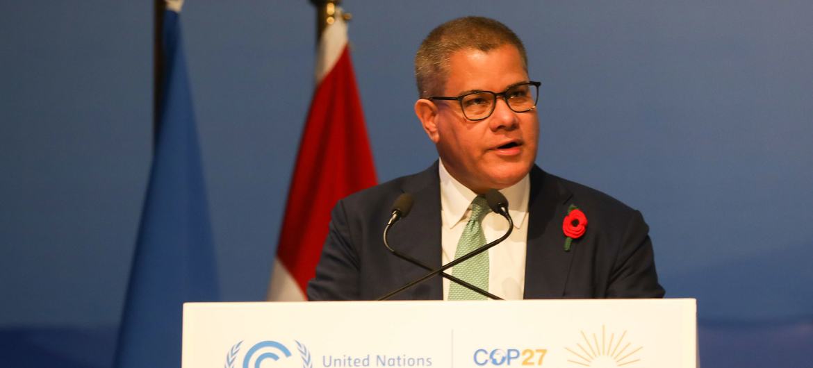 نماینده بریتانیا، رئیس COP26، الوک شارما، در جلسه عمومی افتتاحیه آخرین کنفرانس تغییرات آب و هوایی سازمان ملل، COP27، در شرم الشیخ، مصر سخنرانی می کند.